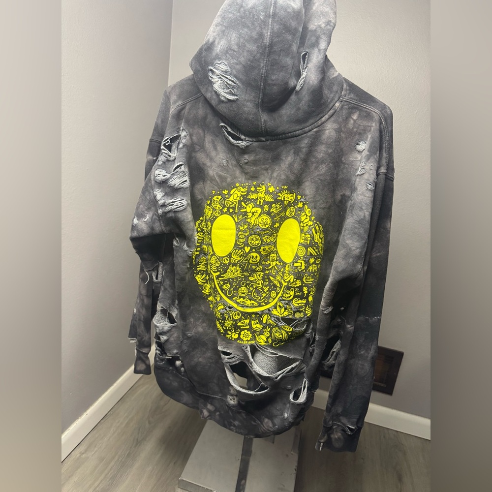Killer Acid Black Tie-Dye Distressed Hoodie with Neon Graphic - Picture 2 of 5